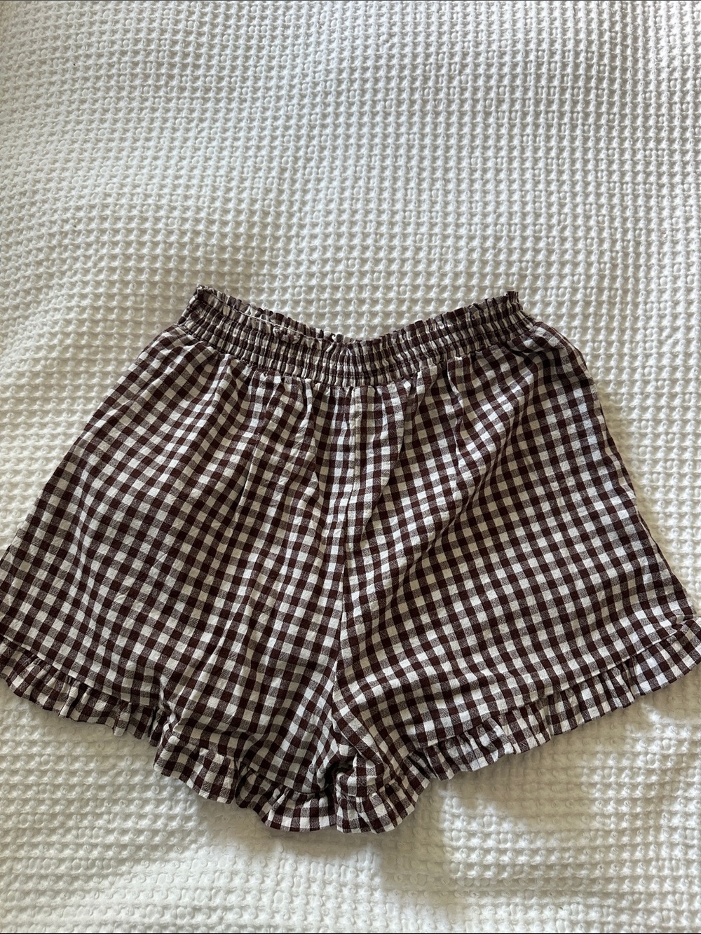 Brown & White Gingham Mid-Rise Ruffle Shorts - Picture 3 of 3